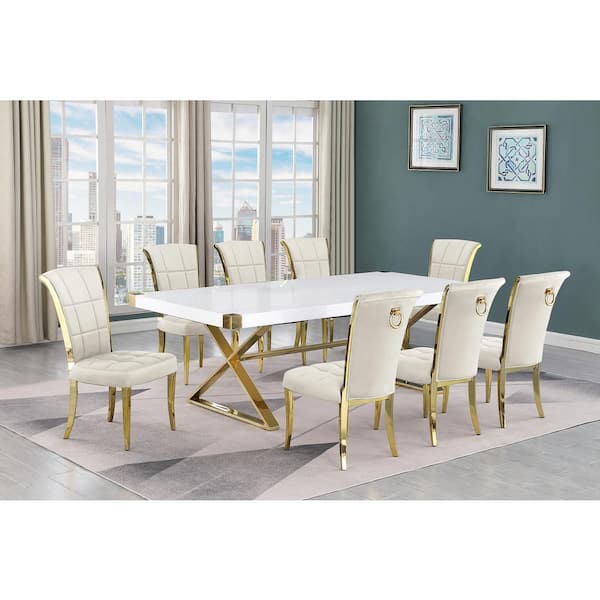 Best Quality Furniture Miguel 9-Piece Rectangle White Wood Top Gold ...