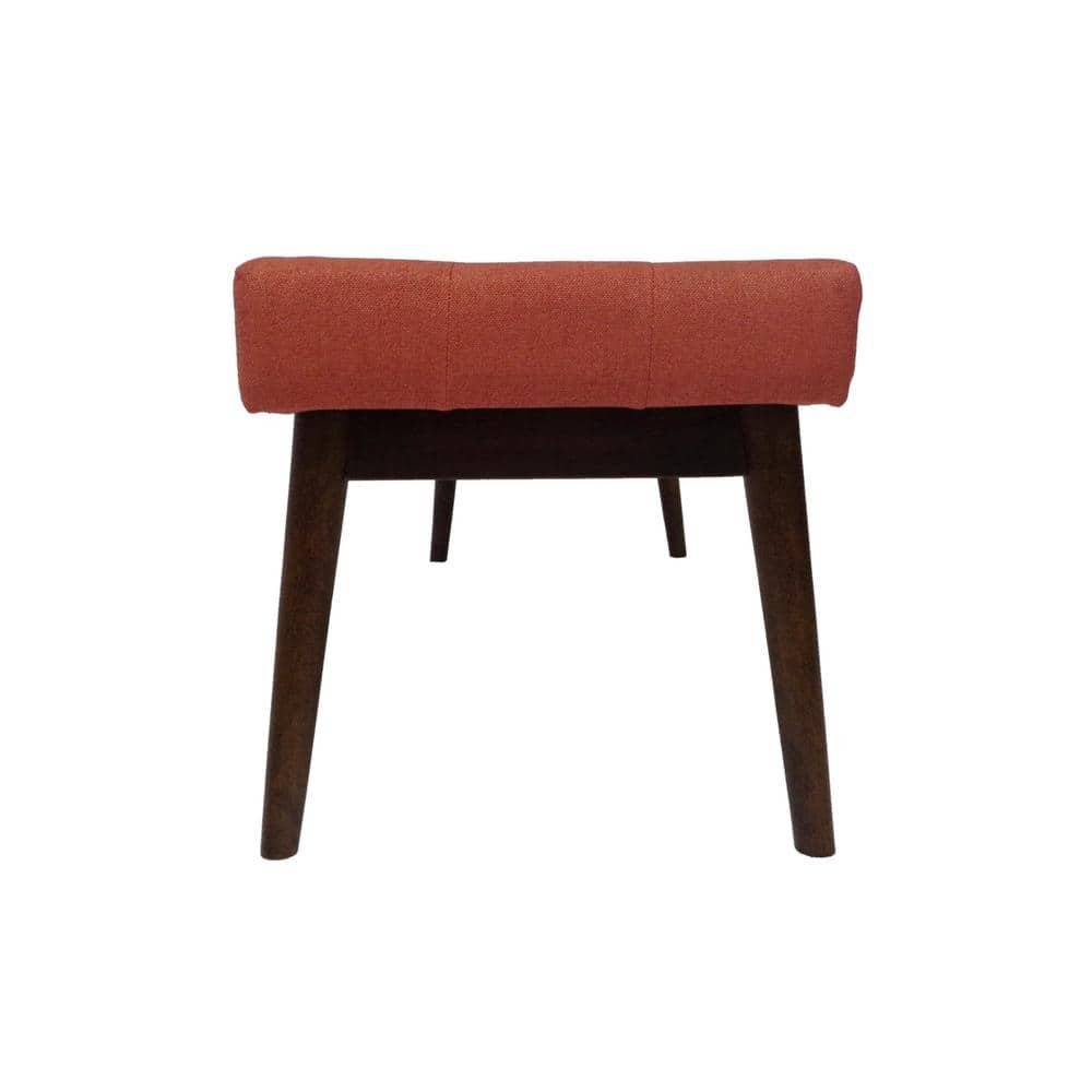 Mid-Century Coral Tufted Fabric Ottoman with Walnut Frame