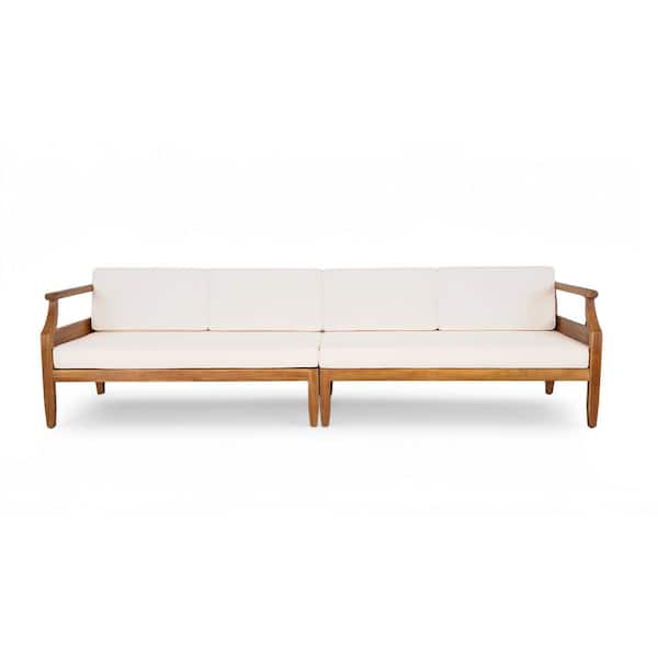 Nathan Teak Finish 2-Piece Solid Wood Outdoor Patio Couch Sectional Set with Beige Fabric Cushions