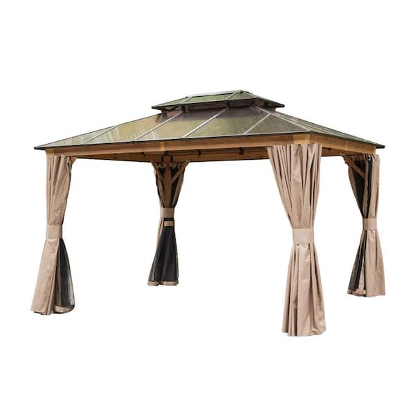 Beaulo 12 ft. x 10 ft. Aluminum Hardtop Wood Like Gazebo in Brown with Double Polycarbonate Roofs and Mosquito Net