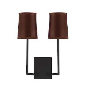 Meridian 12 in. x 16 in. H 2-Light Matte Black Wall Sconce with Dark Leather Shades