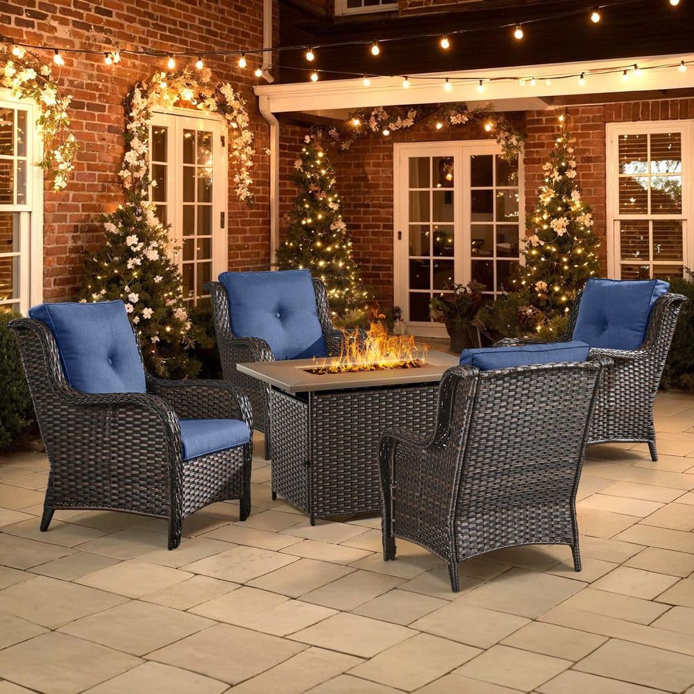 5-Piece Brown Wicker Patio Chairs for 4 with Gas Propane Fire Pit Table Sets Blue Cushions price history on PriceWatchPro