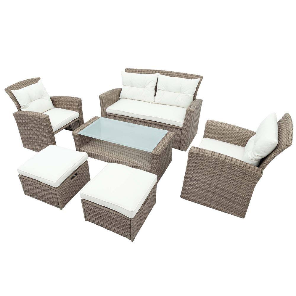 Beige 4-Piece Wicker Metal Outdoor Sectional Set with Beige Cushions