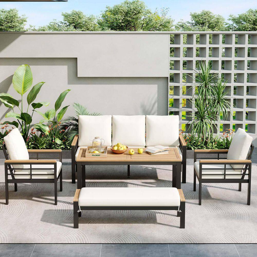 White Metal Outdoor Day Bed with Beige Cushions,Adjustable Backrest and Rem