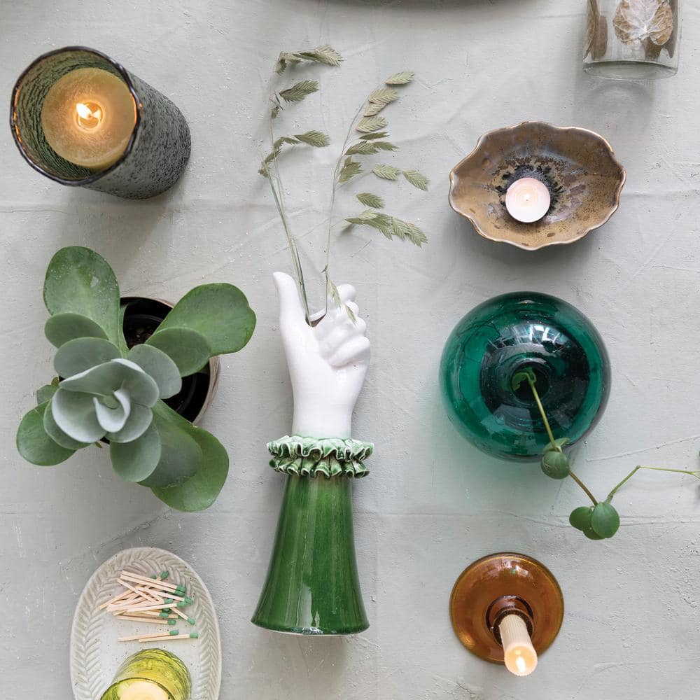 Green and White Ceramic Hand Vase with Ruffled Sleeve
