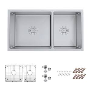 Serene Valley Stainless Steel 36 in. Double Bowl Drop-In or Undermount Kitchen Sink with Thin Divider, Silver