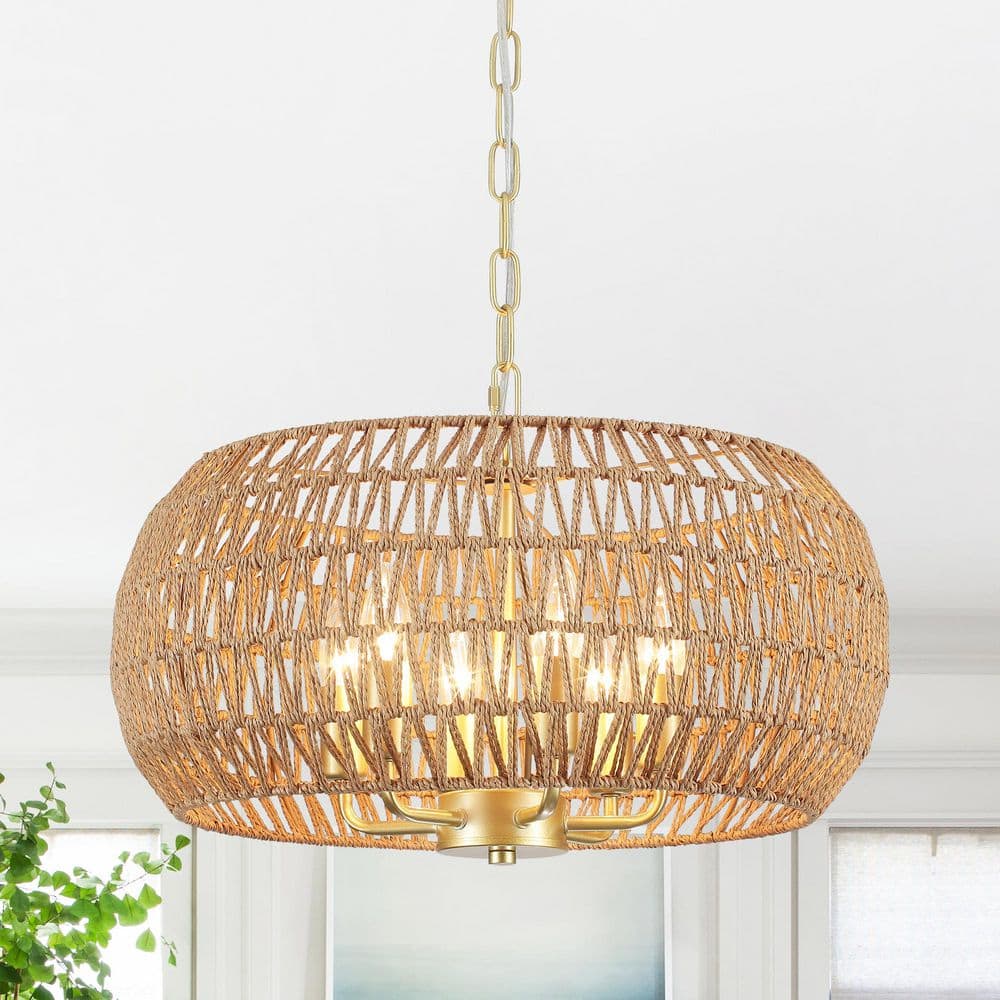 18.89 in. 6-Light Gold Round Drum Hemp Rope Rattan Boho Chandelier with Brown Hemp Rope Shade for Foyer Dining Room price history on PriceWatchPro