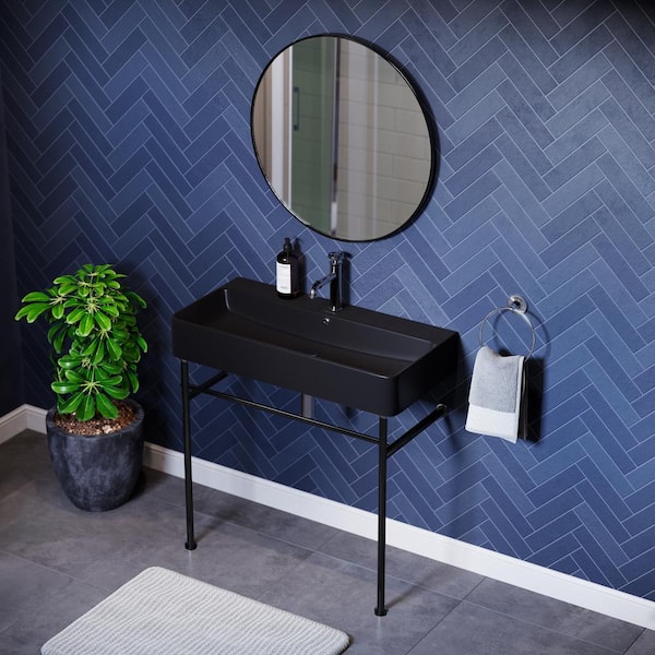 Swiss Madison Carre 36 in. Ceramic Console Sink in Matte Black Basin Black Legs