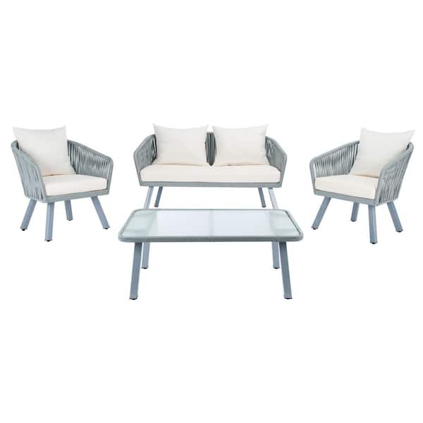 SAFAVIEH Jorda Gray 4-Piece Wicker Patio Conversation Set with Beige Cushions