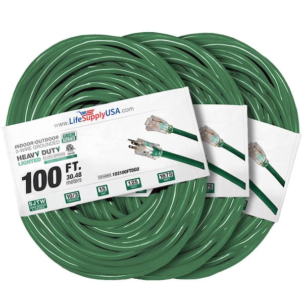 LifeSupplyUSA 100 ft. 10 Gauge/3 Conductors SJTW Indoor/Outdoor Extension Cord with Lighted End Green (3-Pack)