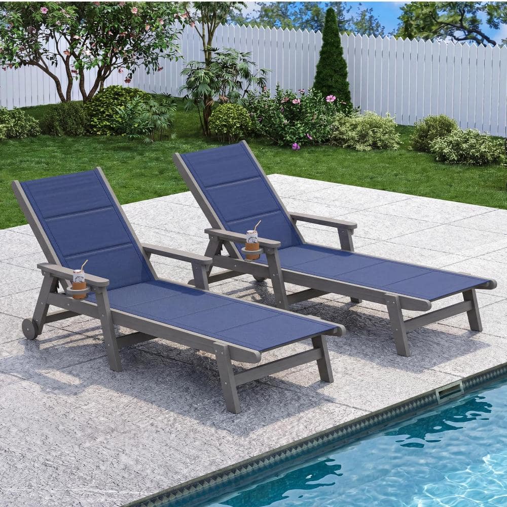 Navy Blue HDPE Chaise Lounge with Wheels and 5-Position Recliner for Patio (Set of 2) price history on PriceWatchPro