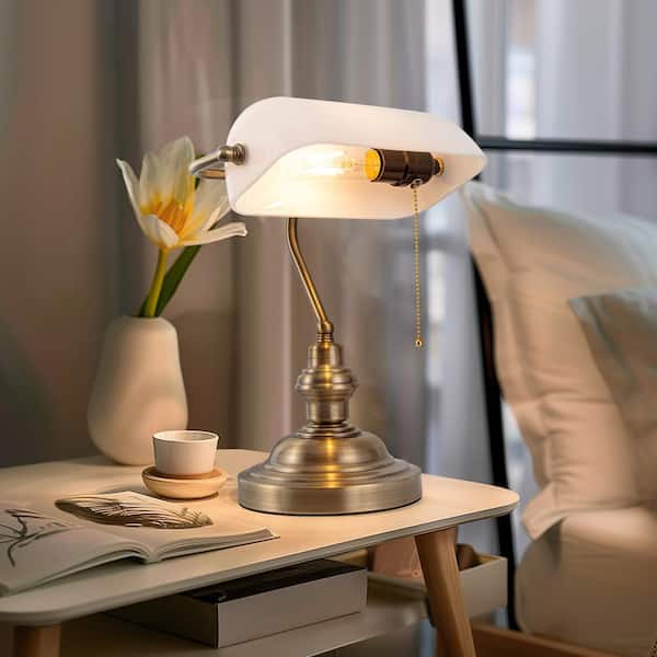 14 in. Vintage Gold Task and Reading Banker Lamp with White Glass Shade, Retro Desk Light Pull Chain Switch for Bedroom