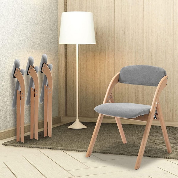HOMEFUN Folding Wooden Stackable Dining Chairs with Gray Padded Seats (Set of 4)
