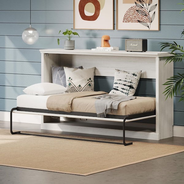 Rustic White Wood Frame Twin Size Murphy Bed, Hideaway Wall Bed, Folding into Cabinet, Space Saving Furniture