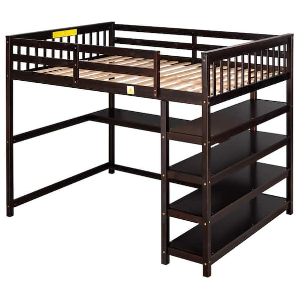 URTR Full Size Loft Bed with Desk and Storage Shelves Wood Loft Bed Frame with Guard Rail for Kids Teens Adults Espresso T 01535 P The Home Depot