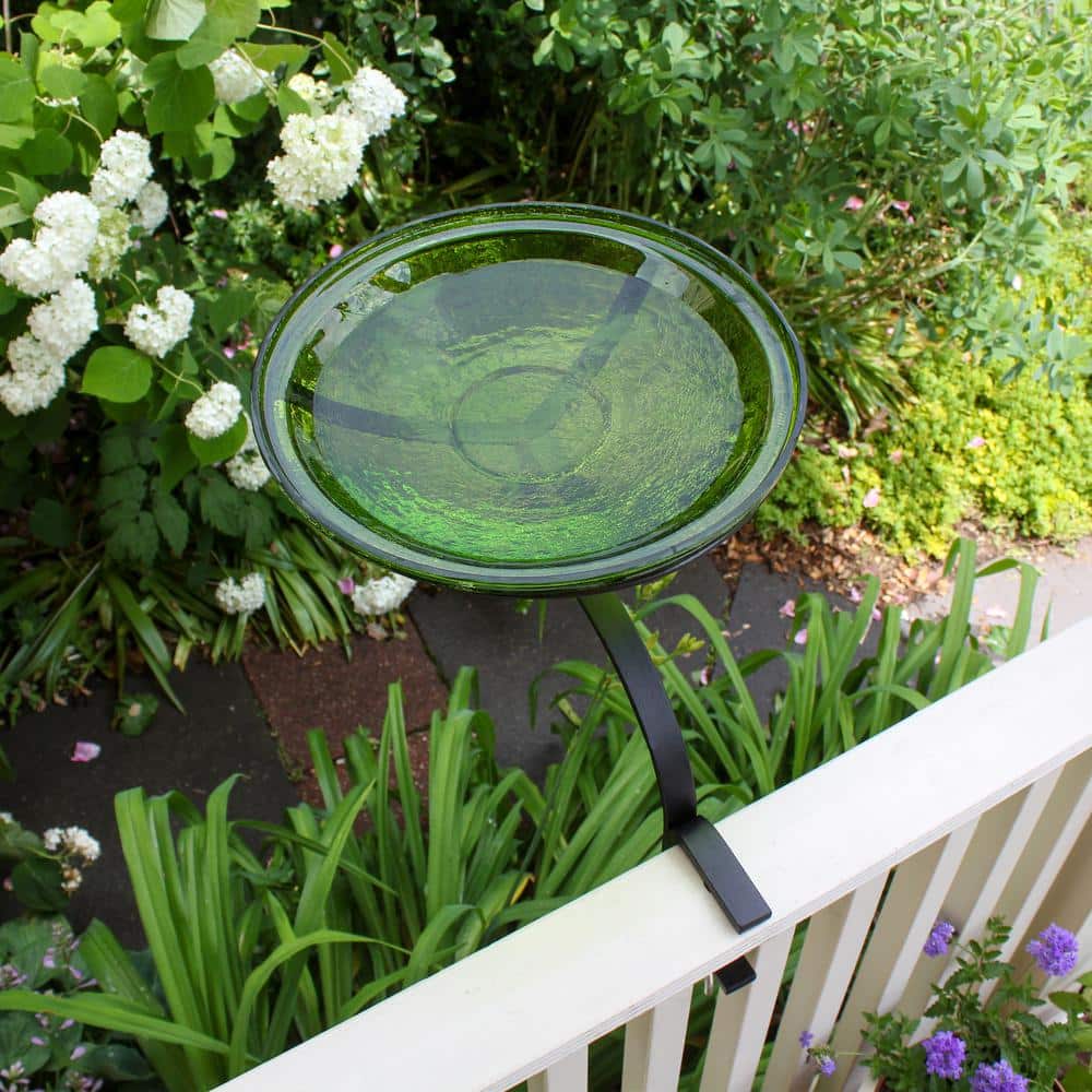 Fern Green Crackle Glass Birdbath with Rail Mount Bracket