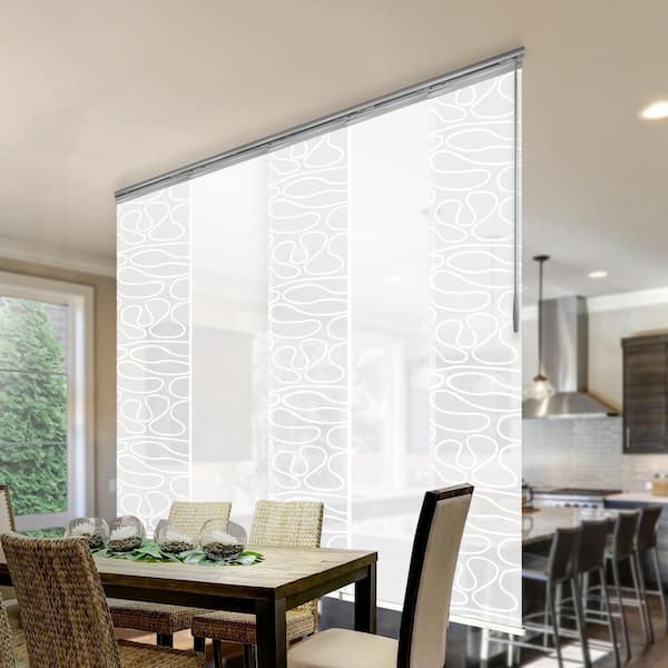EMOH Misty Swirl 58 in. - 110 in. W x 94 in. L Adjustable 5- Panel White Single Rail Panel Track with 23.5 in. Slates