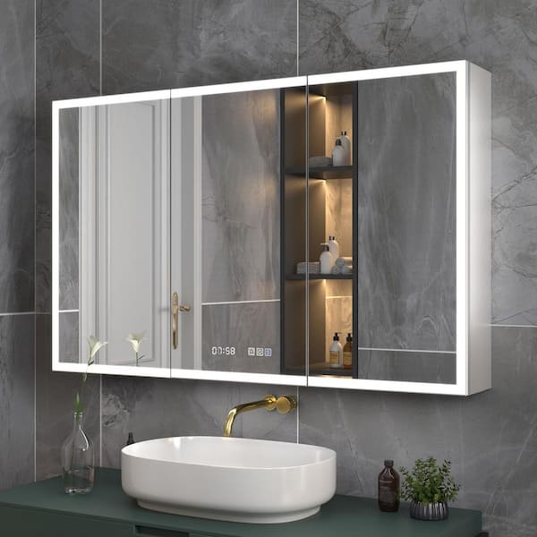 48 in. W x 30 in. H Rectangular Silver Aluminum Recessed/Surface Mount Medicine Cabinet with Mirror, LED and Clock