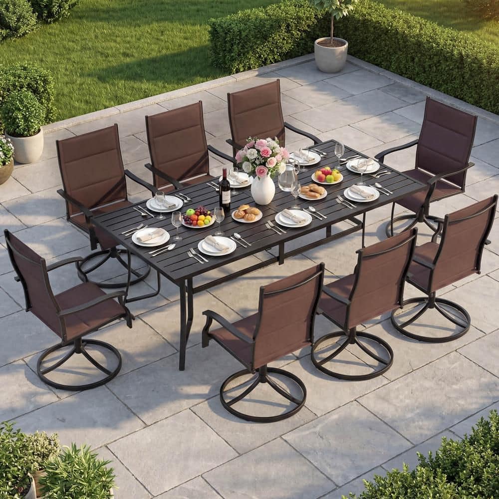 9PCS Outdoor Dining Set, 76" Rectangular Patio Table with Umbrella Hole for Balcony Black + Brown