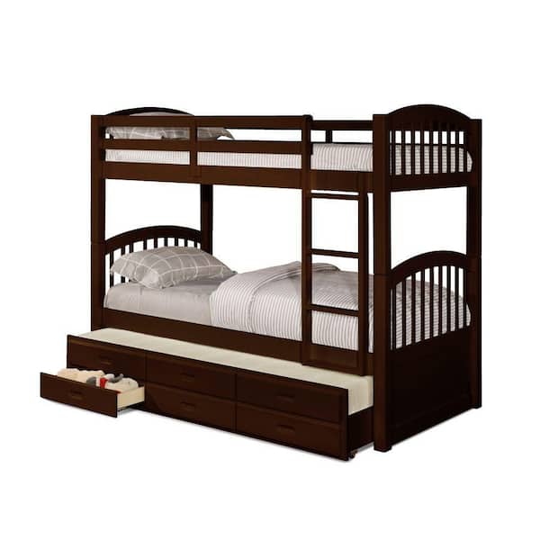 Benjara Ali Modern Brown Wooden Twin Bunk Bed with Twin Trundle and 3 Drawers