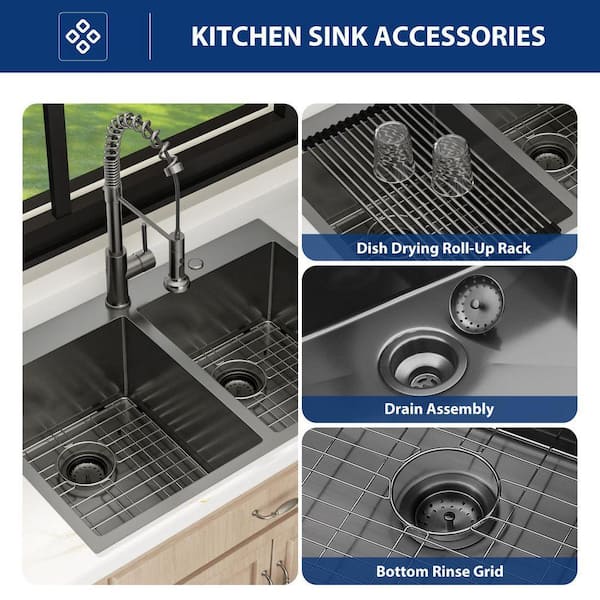 Sarlai 33 in. Drop-in/Topmount 50/50 Double Bowl 16-Gauge Gunmetal