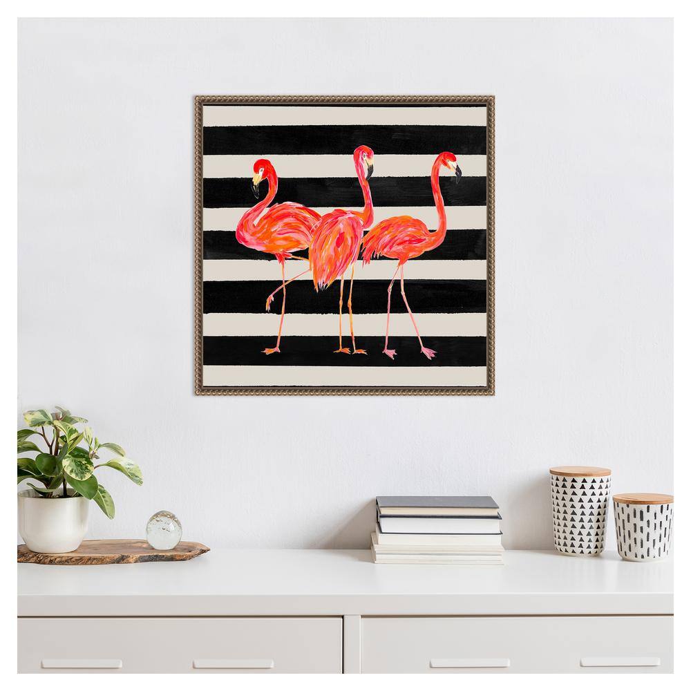 Vibrant Flamingo Trio on Black and White Striped Canvas Framed Wall Art 22 x 22