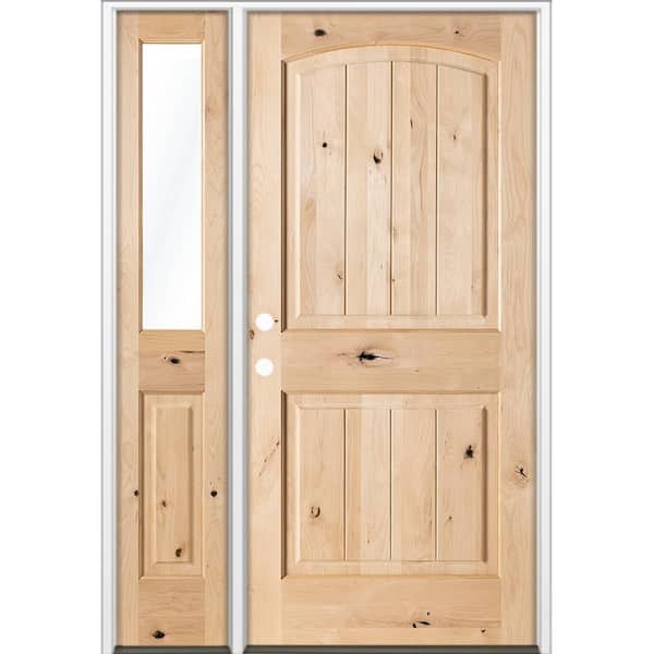 56 in. x 80 in. Knotty Alder Arch Top Right-Hand/Inswing Clear Glass Unfinished Wood Prehung Front Door w/ LHSL