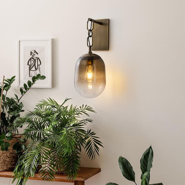 7.09 in. 1-Light Antique Metal Wall Sconce with Oval Gradient Color Glass Shade for Bedroom, Bathroom, Hallway