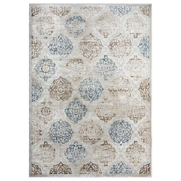 Boho Andorra Ivory/Navy Blue 6 ft. x 9 ft. Damask Area Rug