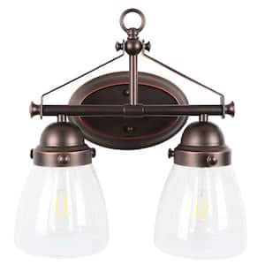 2-Light Brown Vanity Light with Clear Seedy Glass Shade