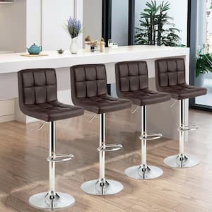 46 in. PU Leather Bar Stool Low Back Metal Swivel Bar Chair w/ Adjustable Height Brown (Set of 4)