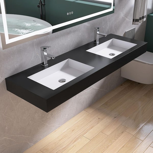 59 in. W x 19 in. D x 4 in. H Solid Surface Bathroom Double Wall-Mount Sink/ Vessel Sink in Black with Faucet Hole