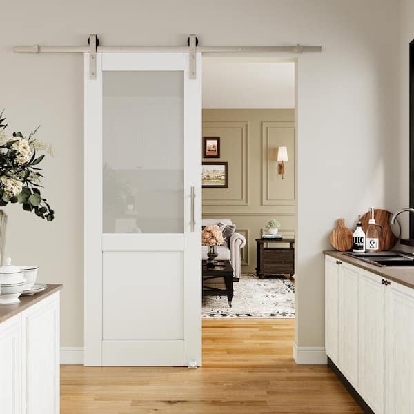 ARK DESIGN 30 in. x 80 in. 1/2 Lite Tempered Frosted Glass White Finished MDF Sliding Barn Door with Hardware Kit Nickel Plat