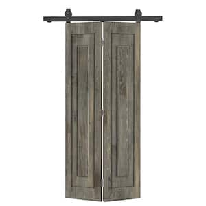 36 in. x 80 in. 1 Panel Shaker Hollow Core Weather Gray Pine Wood Bi-fold Door with Sliding Barn Door Hardware Kit