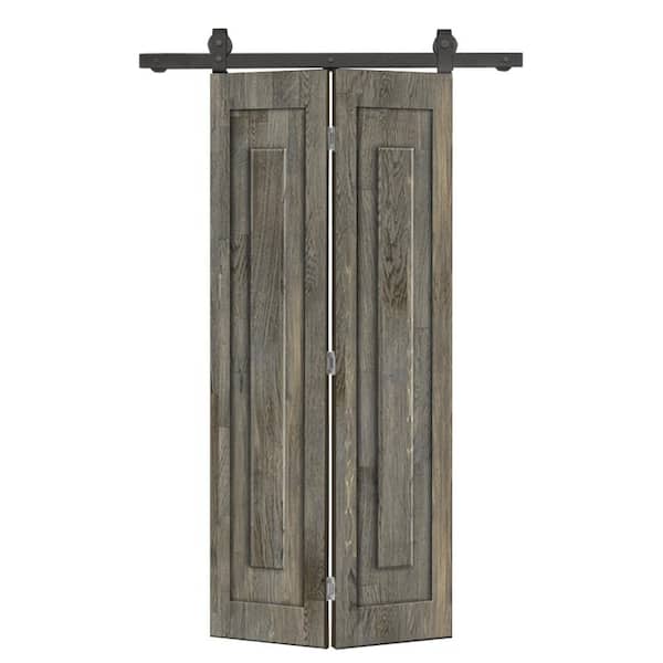 CALHOME 28 in. x 84 in. 1 Panel Shaker Hollow Core Weather Gray Pine Wood Bi-Fold Door with Sliding Barn Door Hardware Kit