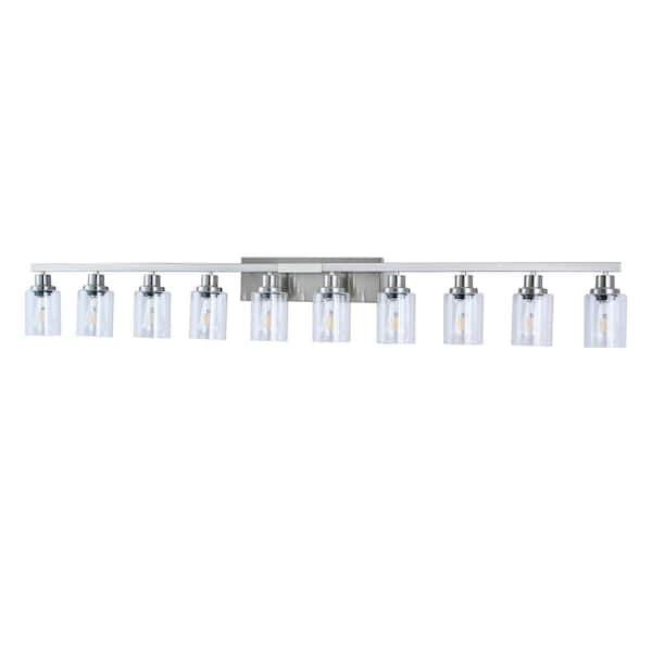 10-Light Chrome Vanity Light with Cylindrical Clear Glass Shades and Iron Frame, E26 Bulbs Not Included