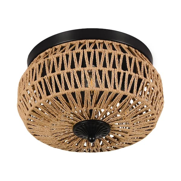 12.6 in. 3-Light Brown Boho Rattan Flush Mount Ceiling Light Fixture with Hand-Woven Rattan Cage Shade