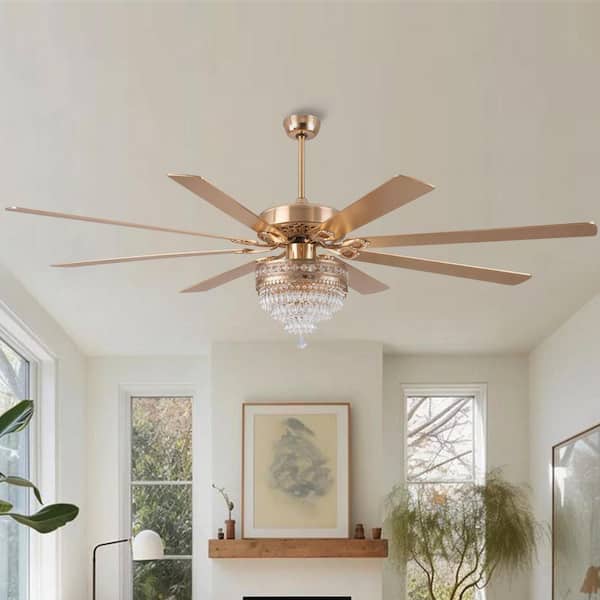 72 in. Indoor Crystal Chandelier Downrod Gold Ceiling Fan Fandelier with Lights and Remote Control