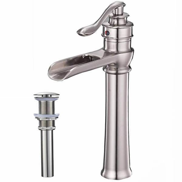 FLG Single Handle Vessel Sink Faucet Brass Single Hole Waterfall Bathroom Tall High Taps with Pop-Up Drain in Brushed Nickel