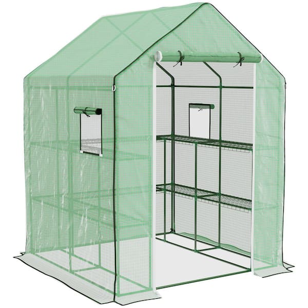 55 in. W x 56.25 in. D x 74.75 in. H Portable Greenhouse with 2 Tier Flower Rack Shelves, Roll Up Door and Window, Green