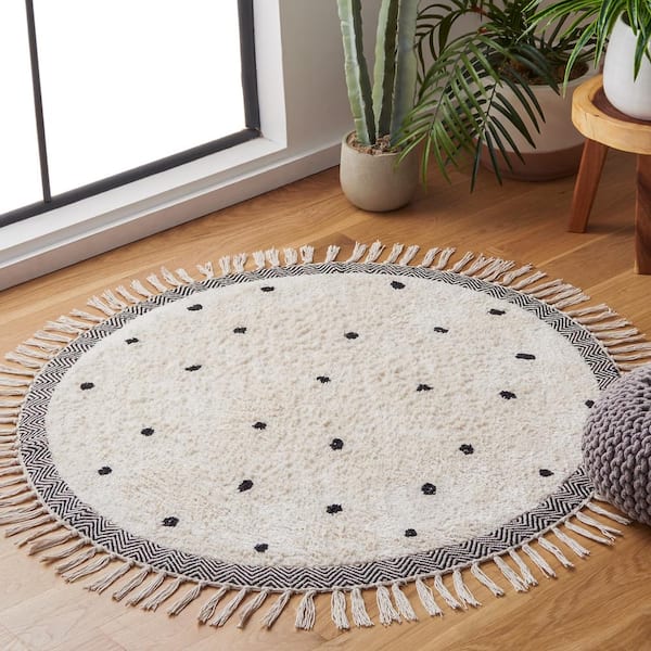 Easy Care Ivory/Black 5 ft. x 5 ft. Machine Washable Pokat Dot Border Solid Color Round Area Rug