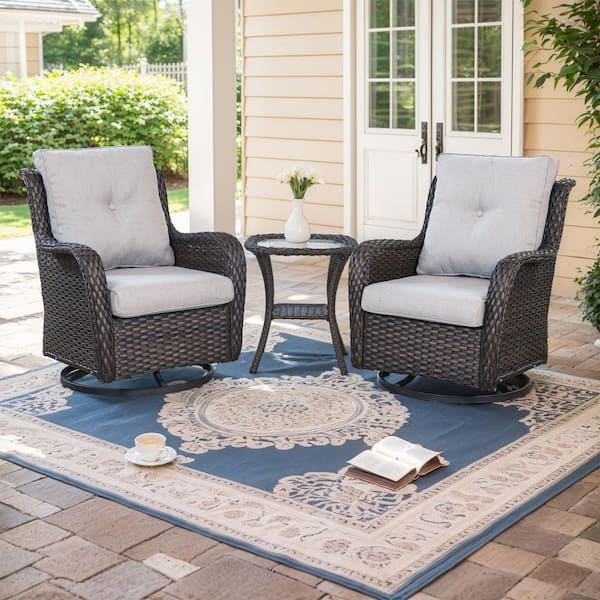 5-Piece Brown Wicker Patio Conversation Set with Beige Cushions and Swivel Glider Chairs/Ottomans/Side Table