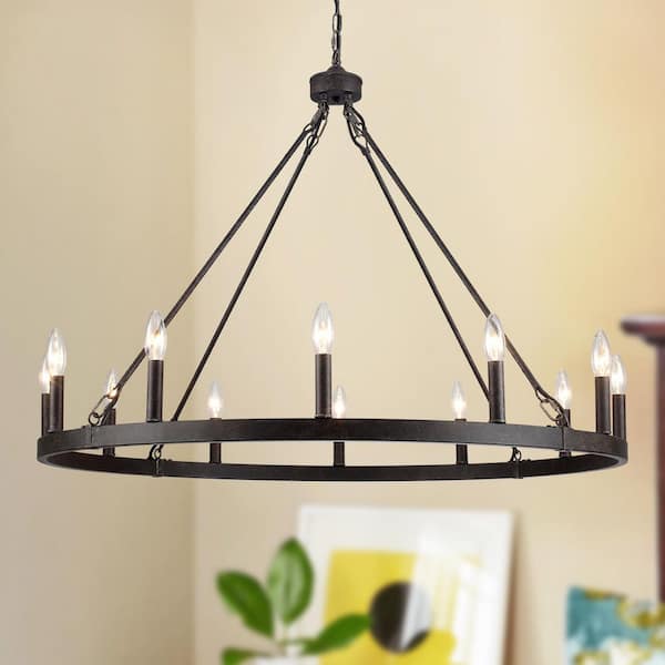 12-Light Antique Black Candle Design Circle Wagon Wheel Chandelier Island Chandelier Lighting for Kitchen Island