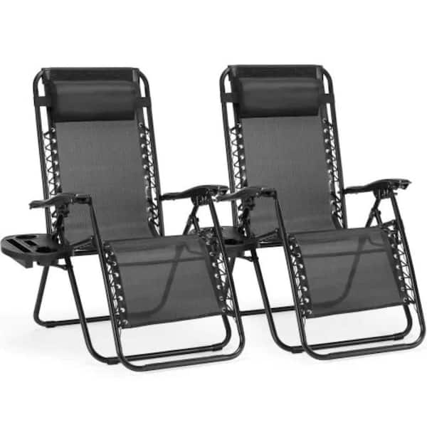 Zero Gravity Lounge Chairs (Set of 2)-Outdoor Folding Recliners with Pillow & Cup Holder Tray for Pool, Beach, Patio