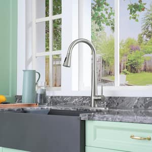 2-Spray Patterns Single Handle Pull Down Sprayer Kitchen Faucet with Deckplate and Water Supply Hoses in Brushed Nickel