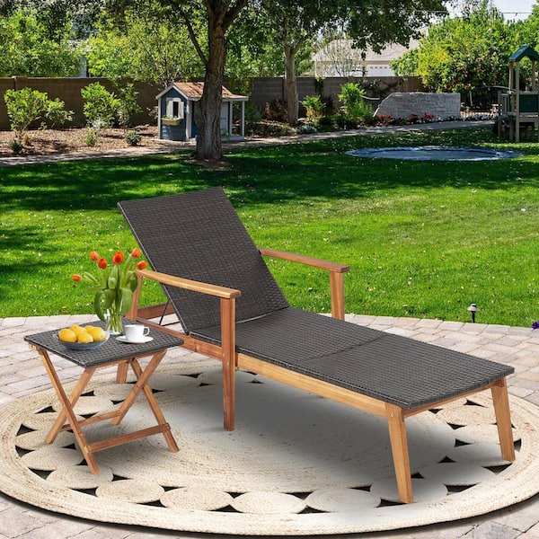 2-Pieces Wood Outdoor Chaise Lounge and Table Set with 4-Level Adjustable Backrest