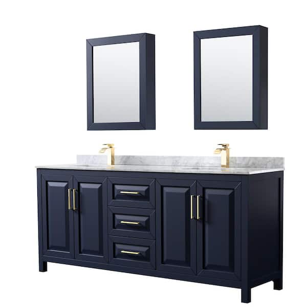 Wyndham Collection Daria 80 in. Double Vanity in Dark Blue with Marble Vanity Top in White Carrara with White Basins and MedCab Mirrors