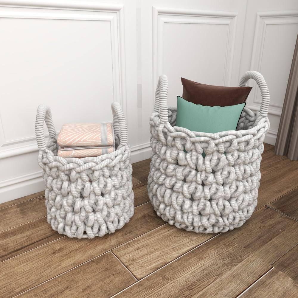 Gray Fabric Round Storage Baskets with Handles, Set of 2