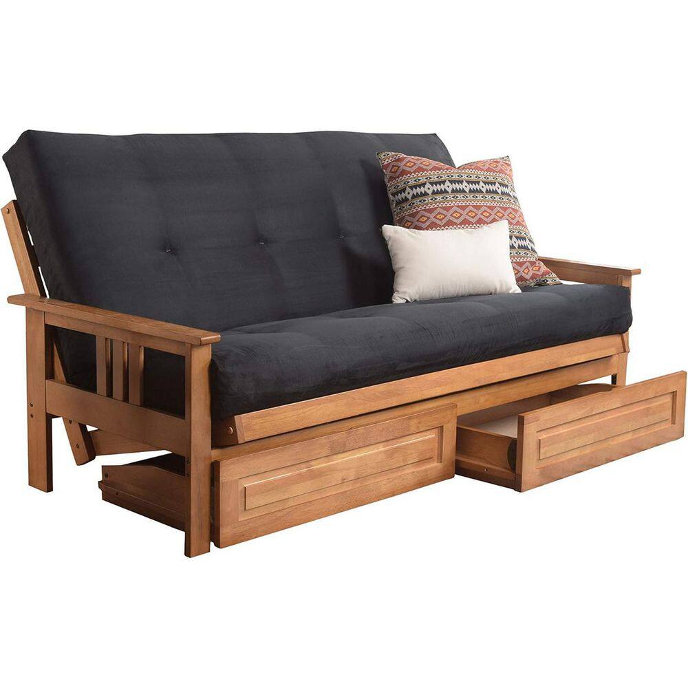 79 in. Butternut/Suede Black Polyester Upholstered Full Size Futon Set with Mattress and Storage Drawers