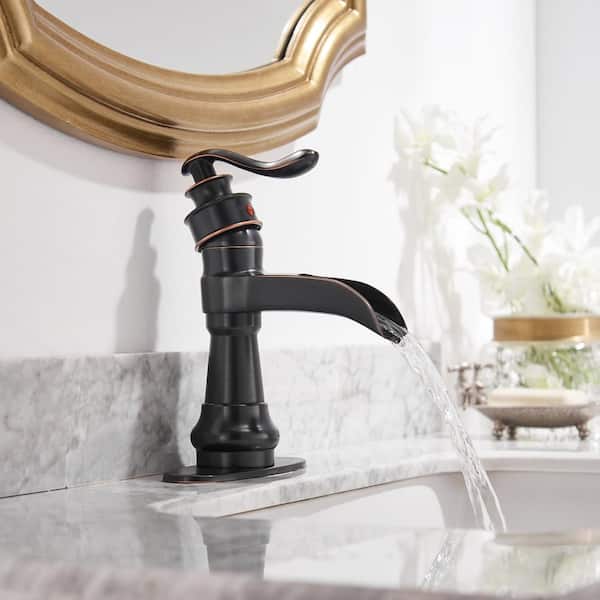 Waterfall Single Hole Widespread Single-Handle Low-Arc Bathroom Faucet with Pop-up Drain Assembly in Oil Rubbed Bronze